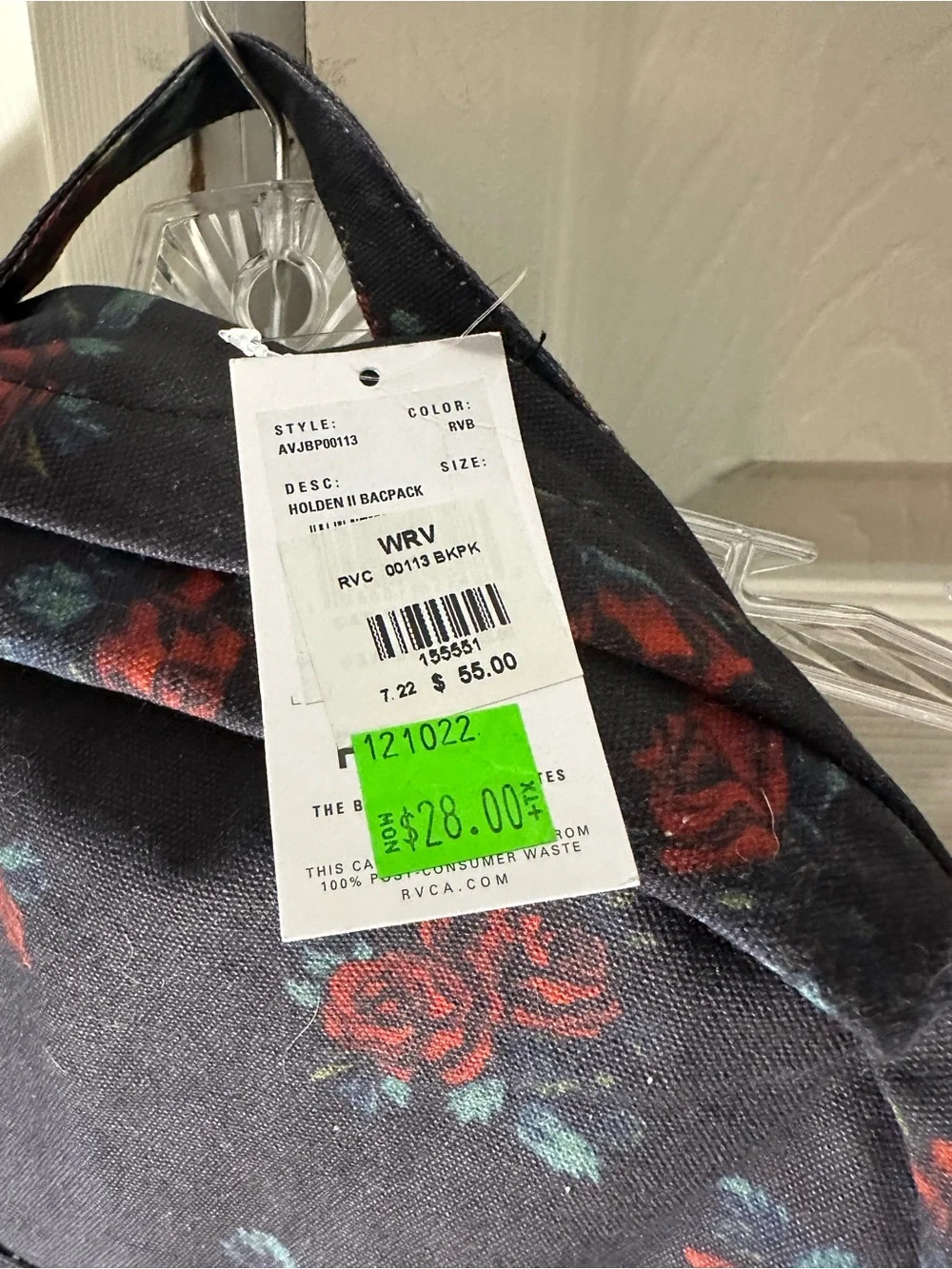 RVCA Black Backpack with Red Rose Pattern